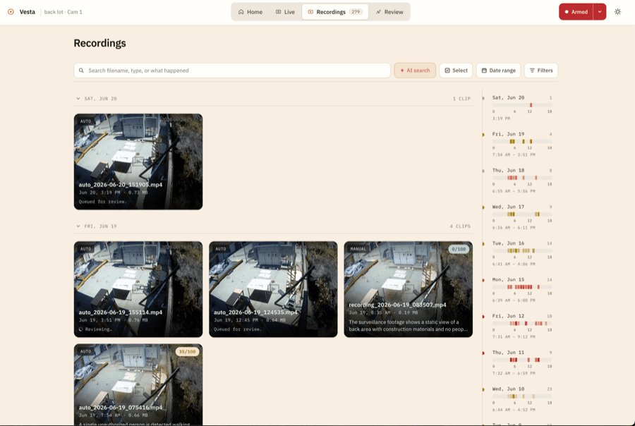 Vesta recordings library with AI threat scores
